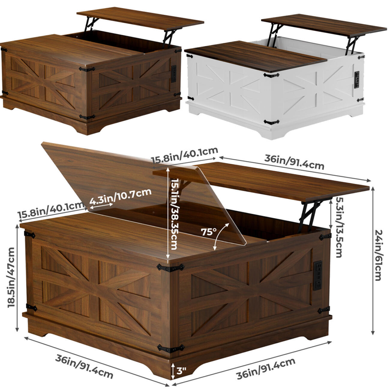 Farmhouse Coffee Table With Lift-Top, USB Charging Station & Hidden Storage - Sturdy Wooden Base, White-Brown Options, Perfect For Living Room Organization, Coffee Table For Living Room, Versatile