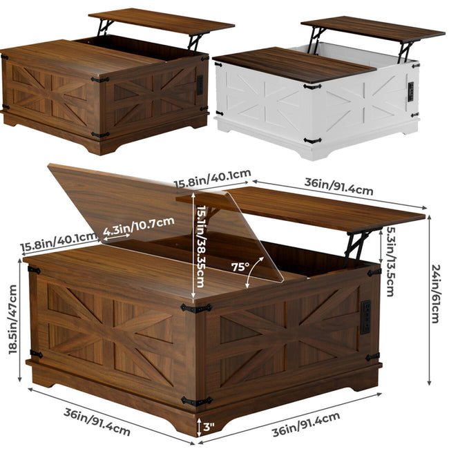 Farmhouse Coffee Table With Lift-Top, USB Charging Station & Hidden Storage - Sturdy Wooden Base, White-Brown Options, Perfect For Living Room Organization, Coffee Table For Living Room, Versatile
