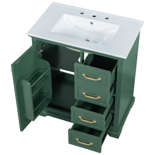 30 Bathroom Vanity With Sink, One Package, Green Bathroom Cabinet With Drawers, Solid Frame And MDF Board
