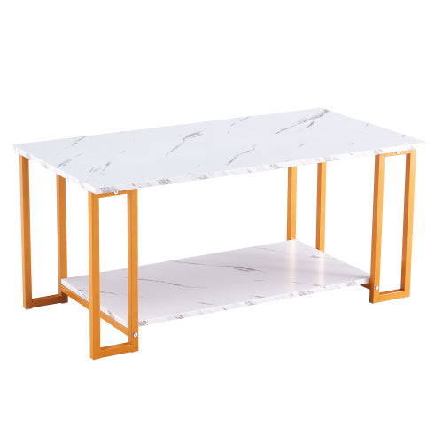 D&N Coffee Table, 2 Layers 1.5cm Thick Marble MDF Rectangle 39.37  L Tabletop Iron Coffee Table , Dining Room, Coffee Shop, Resterant, White Top, Gold Leg
