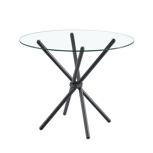 A Circular Transparent Tempered Glass Round Table With A Diameter Of 36.6 Inches,with Ring-shaped Gathered Black Metal Legs.The Desktop Glass Is 0.3 Inches Thick.