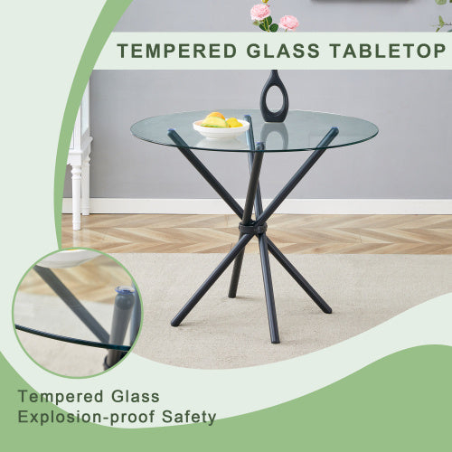A Circular Transparent Tempered Glass Round Table With A Diameter Of 36.6 Inches,with Ring-shaped Gathered Black Metal Legs.The Desktop Glass Is 0.3 Inches Thick.