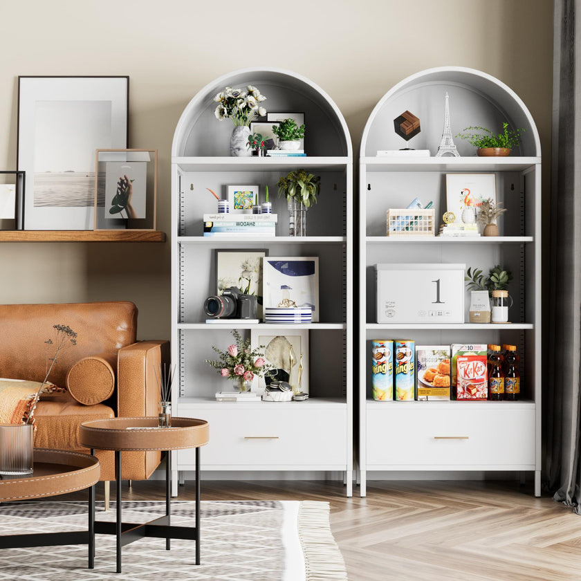 72.83inch H Metal Arched Bookshelf Cabinets,Arch Bookshelf With Drawer For Home Office, Assemble Require, White
