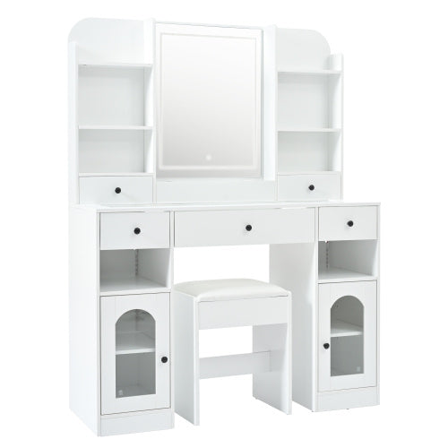 43.2 Vanity Desk With LED Mirror And Lights, Glass Top Vanity With RGB Glass Light Cabinets, Dressing Table With 5 Drawers ,Storage Shelves And Stool For Bedroom, White