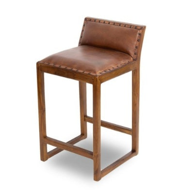 Gavin Mid-Century Modern 25'' Solid Wood Genuine Leather Counter Stool In Tan 31-Inch
