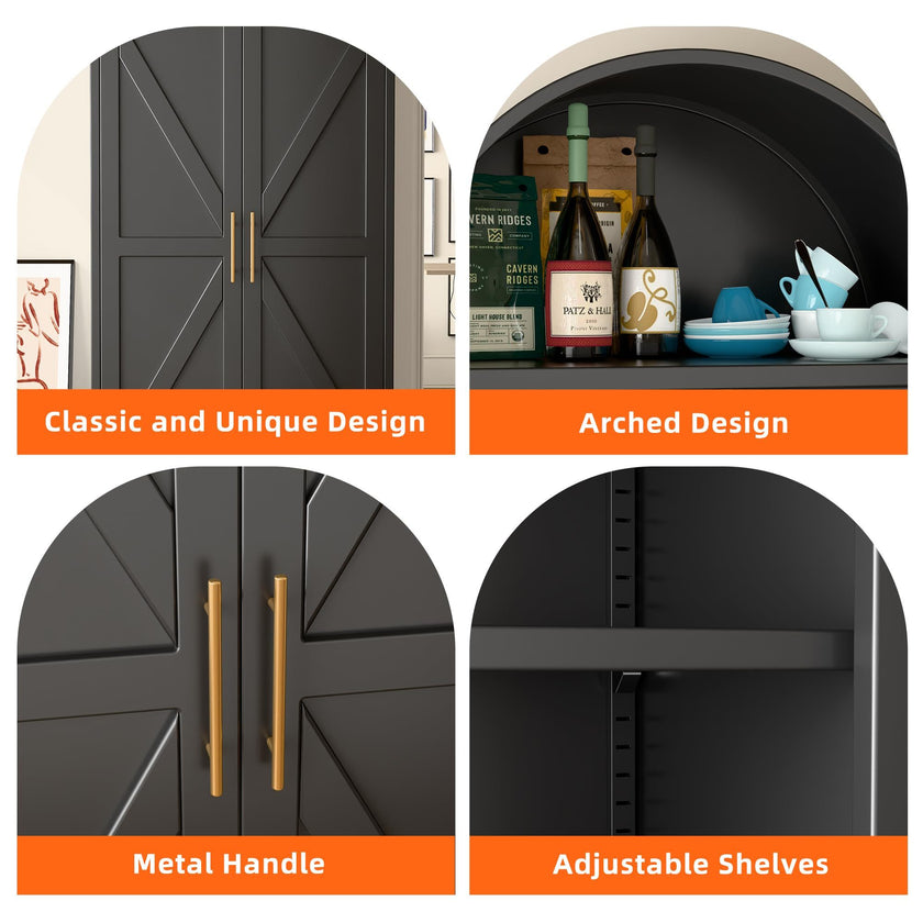 73inch Tall Metal Arched Cabinet, Modern Arch Bookshelf Display Cabinet With Doors,Shelves,Internal Drawers For Home Office Kitchen Bar Living Room,Black