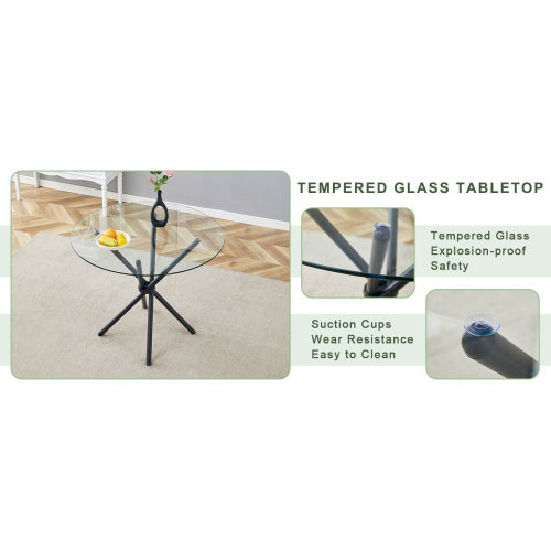 A Circular Transparent Tempered Glass Round Table With A Diameter Of 36.6 Inches,with Ring-shaped Gathered Black Metal Legs.The Desktop Glass Is 0.3 Inches Thick.