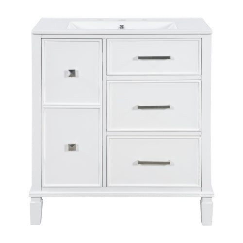 30 Inch Bathroom Vanity With Ceramic Sink, Flip-Out Drawer Design For Plumbing, White Painted MDF Cabinet With Solid Wood Legs