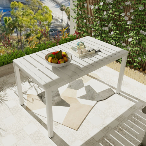 55 Inch White Modern Long Table - Indoor Outdoor Multi-Purpose Dining Table, Patio Table, Garden Table - Lightweight PP Tabletop With Metal Legs For Kitchen, Courtyard, Terrace Gatherings