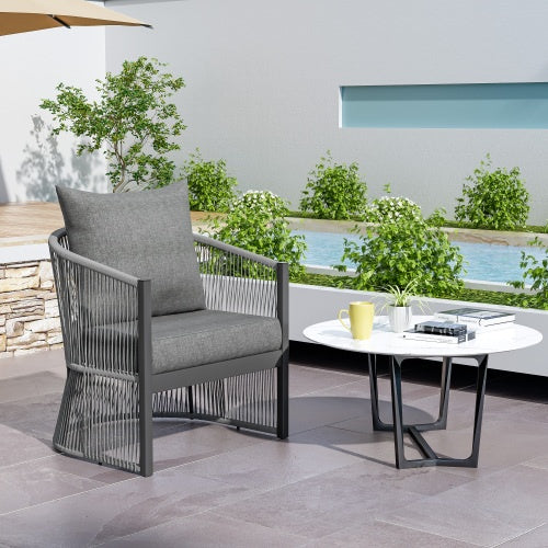 Modern Gray Curved Aluminum Lounge Chair With Stylish Rope-Weave Design And Cushioned Comfort, Perfect For Outdoor Living