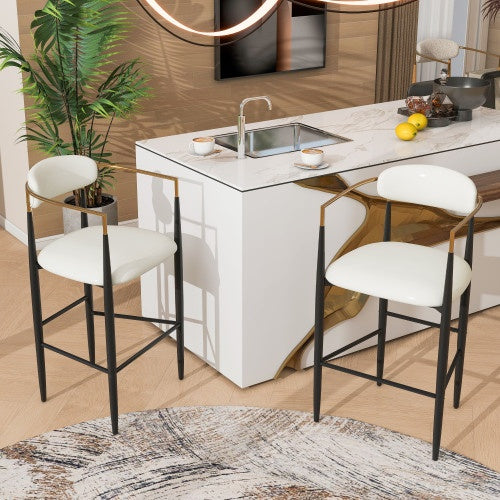 Barstools Set Of 2, Counter Height Upholstered Bar Stools With Back For Kitchen Island, Beige Faux PU Leather Seating Black Iron Legs 260LBS Weight Capacity