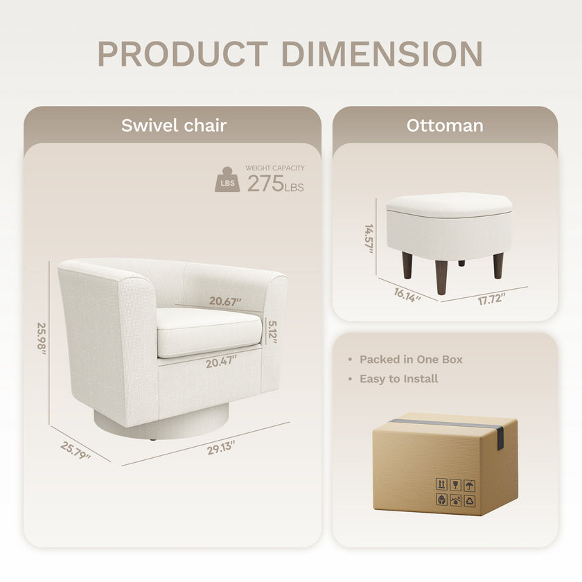 COLAMY Swivel Barrel Accent Chair With Ottoman, Modern Single Sofa, Upholstered Armchair With Storage Space For Home, Beige