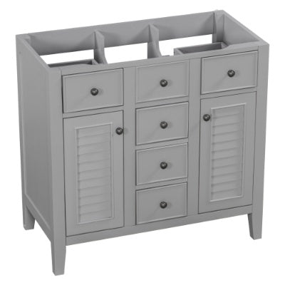 36 Bathroom Vanity Without Sink, Cabinet Base Only, Two Cabinets And Five Drawers, Solid Wood Frame, Grey