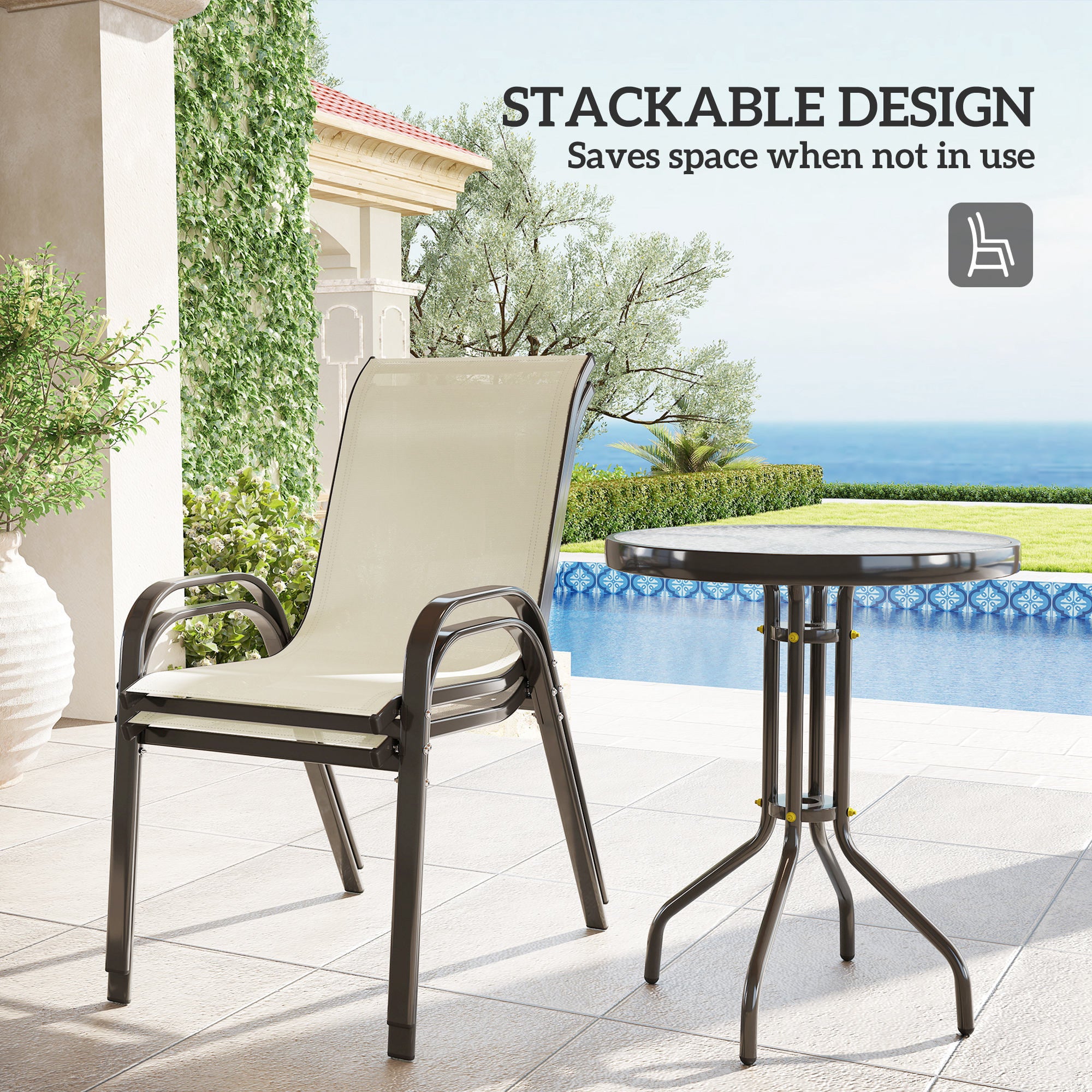 3 Pieces Bistro Set, Small Patio Furniture Set With Stackable Chairs And Glass Table For Backyard, Balcony, Beige
