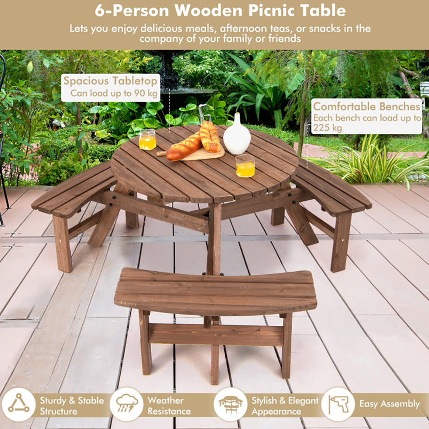6 Person Wooden Picnic Table Set With Bench And Umbrella Hold