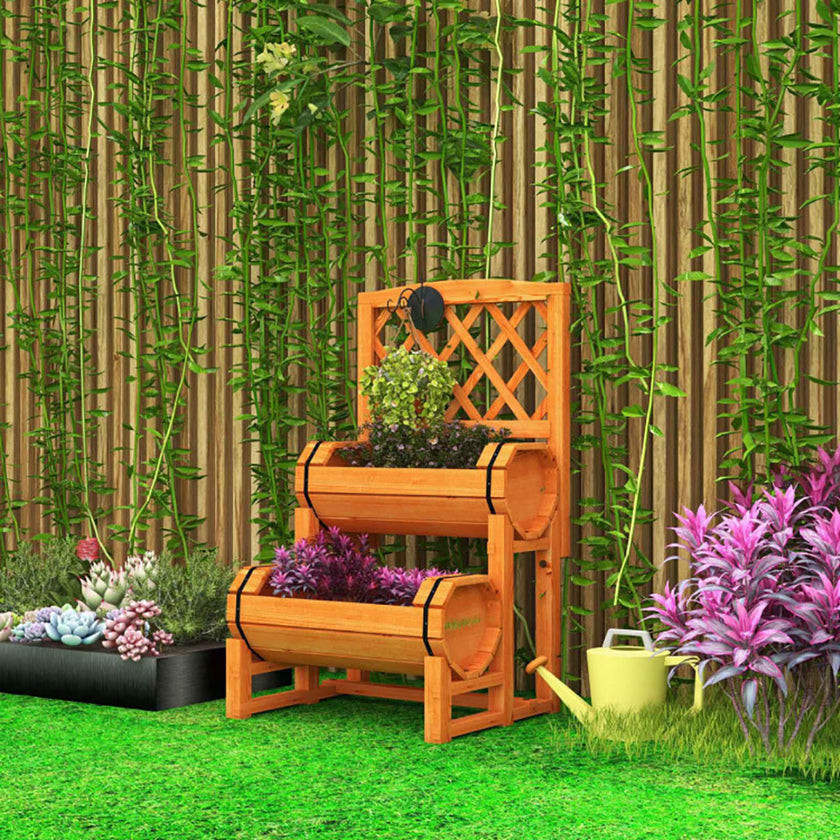 Wooden 2-Tier Raised Garden Bed With 2 Cylindrical Planter Boxes And Trellis