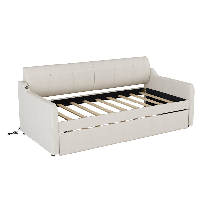 Twin Upholstered Daybed W  Trundle & USB Charging, Adjustable, Beige