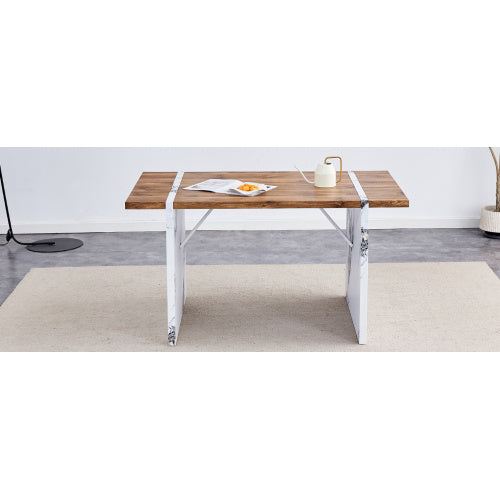 Natural Wood Grain MDF Dining Table   55x31.5 Stable Design.Suitable For Various Modern Home Decor Styles.Splicing Structure Design,Wood Textured Desktop,White Marble Patterned Table Legs