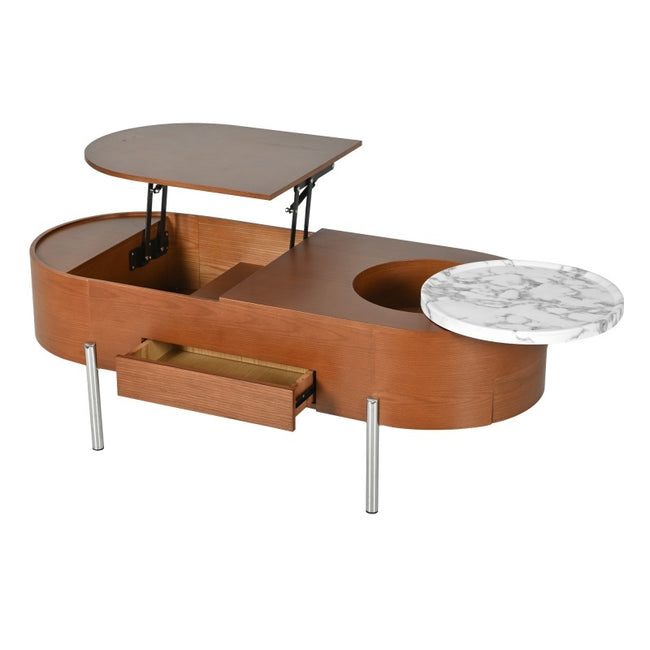 47.2-inch Lift Coffee Table With 360 Degree Marble Patterned Rotating Tray, Modern Oval Lift Tabletop,