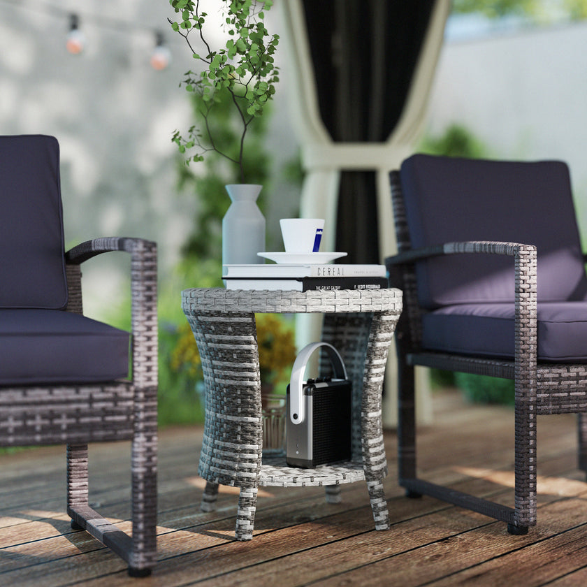 18 Wicker Outdoor Coffee Table, PE Rattan Patio Side Table With 2-Tier Storage, Composite Wood Top, Mixed Gray