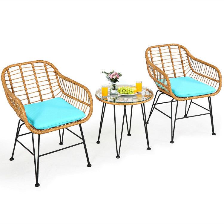 3 Pieces Rattan Furniture Set With Cushioned Chair Table