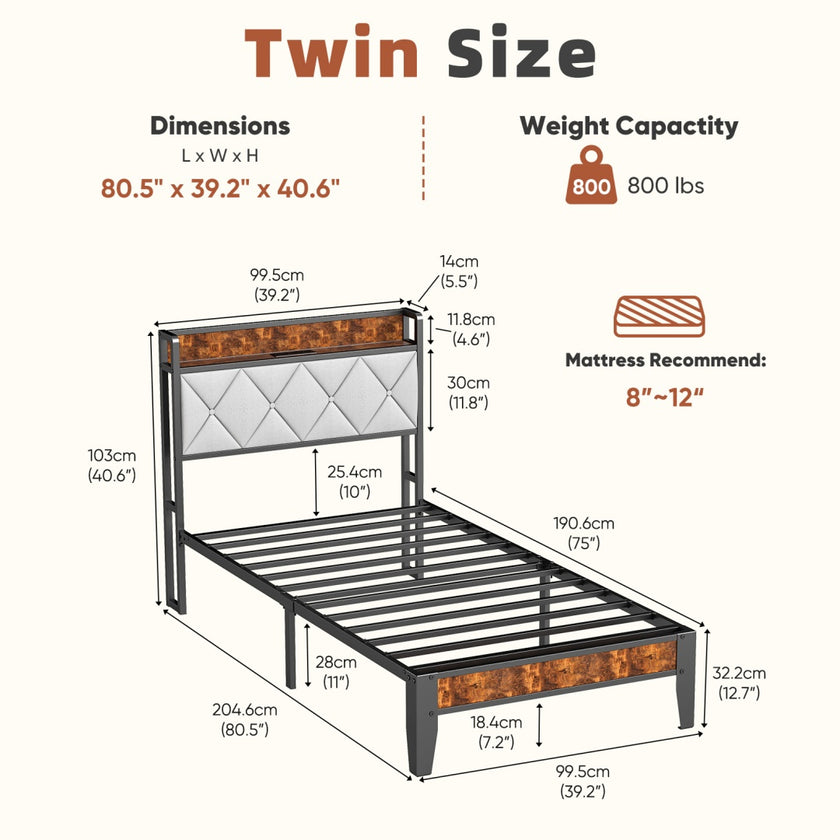 Soft-padded Headboard With Storage, Charging Port, Iron Frame Bed