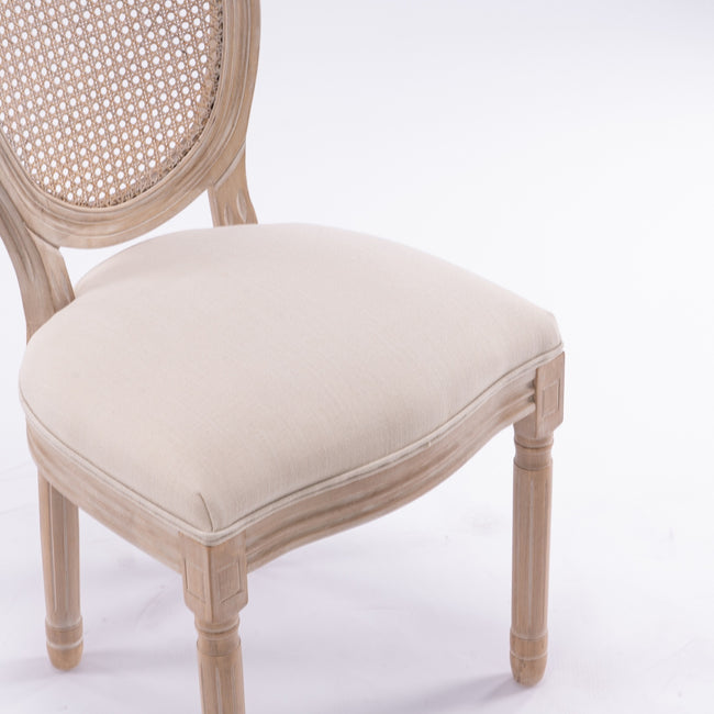 French Style Solid Wood Antique Linen & Rattan Dining Chair, Set Of 2, Cream