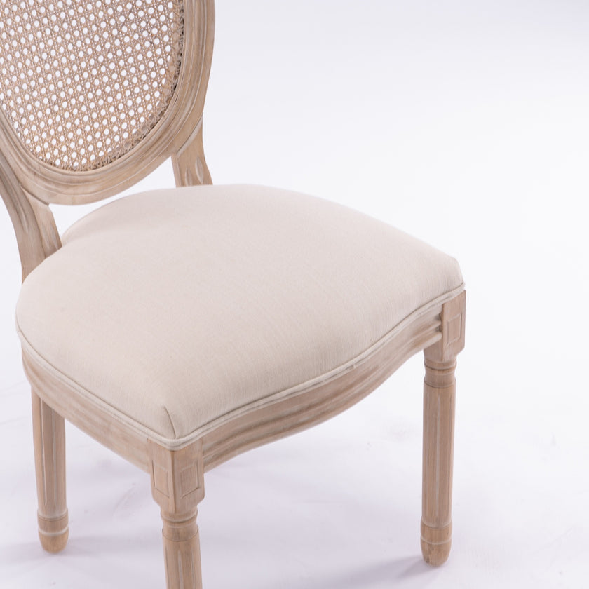 French Style Solid Wood Antique Linen & Rattan Dining Chair, Set Of 2, Cream