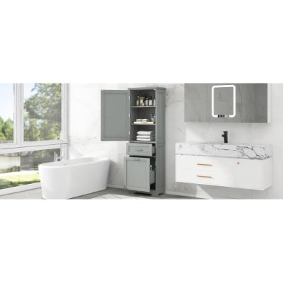 Tall Bathroom Storage Cabinet, Freestanding Storage Cabinet With Two Different Size Drawers And Adjustable Shelf, MDF Board With Painted Finish, Grey