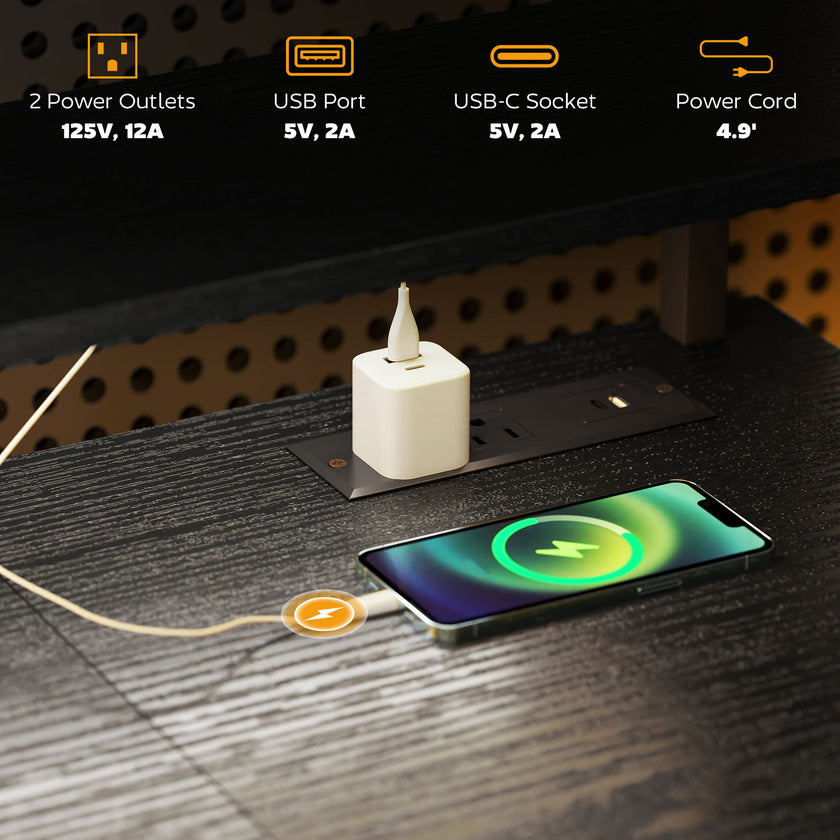 Computer Desk With Storage, 55 Reversible Computer Table With Power Outlets And LED Lights, Distressed Black