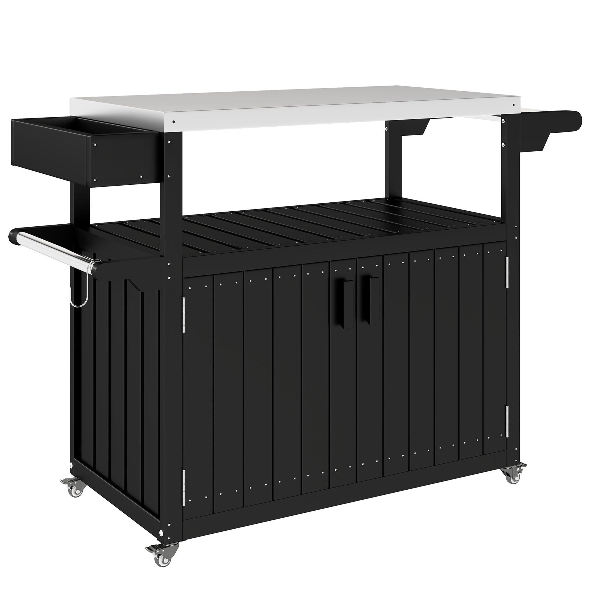 Outdoor Bar Cart With Storage, Stainless Steel Outdoor Bar Table Top, Wheeled HDPE Kitchen Island For Food Prep, Black