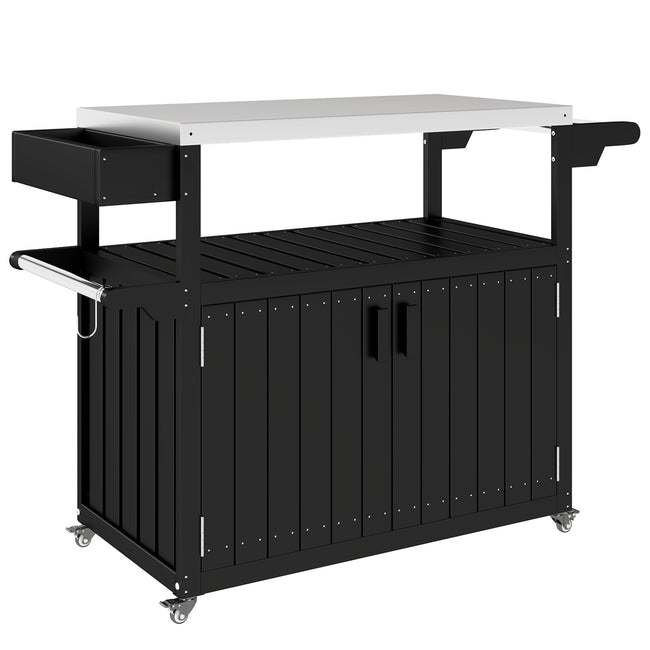 Outdoor Bar Cart With Storage, Stainless Steel Outdoor Bar Table Top, Wheeled HDPE Kitchen Island For Food Prep, Black