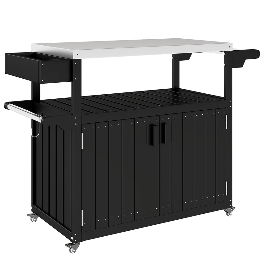 Outdoor Bar Cart With Storage, Stainless Steel Outdoor Bar Table Top, Wheeled HDPE Kitchen Island For Food Prep, Black