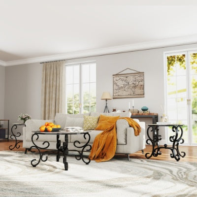 3 Piece Tempered Glass Surface Coffee Table Set, Decor Coffee Table Round End Side Table With Sturdy Construction For Living Room Rustic Black