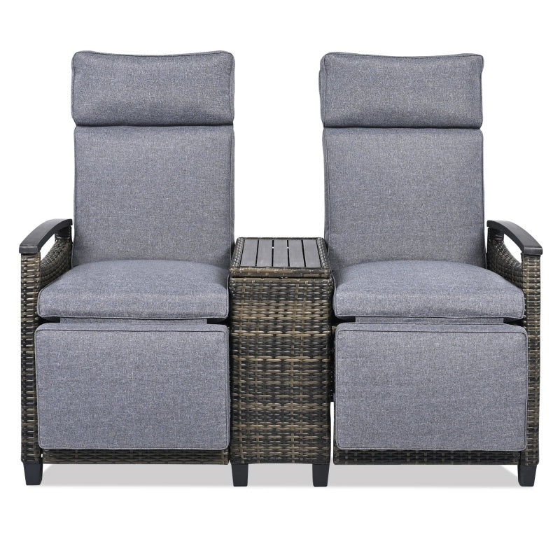 Terrace Lounge Chair Double Sofa, Adjustable Backrest Willow Outdoor Leisure Chair Set, Equipped With Acacia Wood Armrests And Built-in Storage Table, Gray, Prohibited Platform Temu