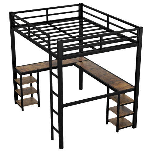Twin XL Metal Loft Bed With Desk And Shelves, Loft Bed With Ladder And Guardrails, Loft Bed Frame For Bedroom, Black