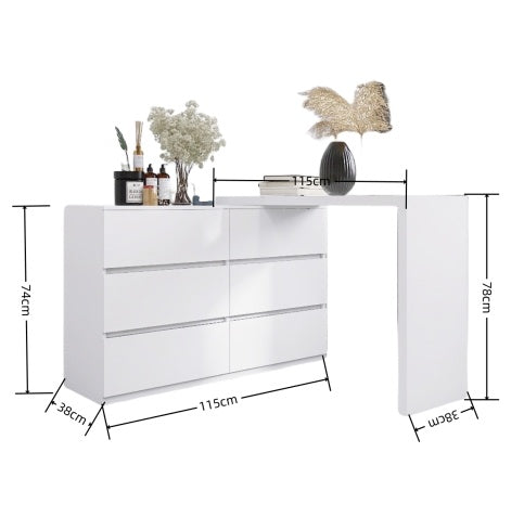 Extended Desktop 6 Drawers Chest Of Drawer Without Handle White Color Vanity