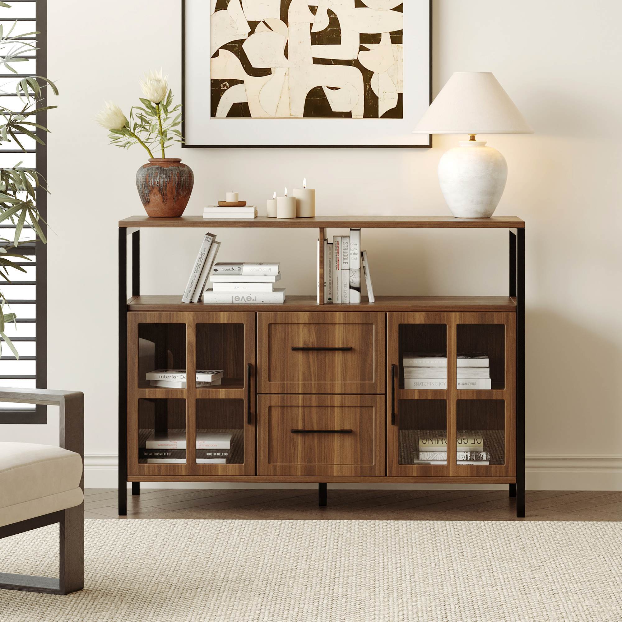 Living Room Shelves, With Two Storage Rooms, Storage Box, Modern Kitchen Utensils Cabinet, Self-service Wooden Storage Cabinet, Corridor Dining Room Transparent Glass Cabinet