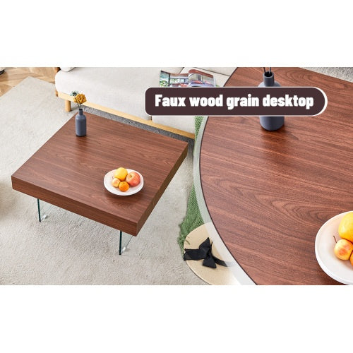 Walnut Colored Square MDF Coffee Table  31.5x31.5 With Tempered Glass Legs.Density Board Sticker,Reinforced Glass Legs.Walnut Colored Texture Sticker