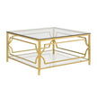 Square Glass Coffee Table In 33.5 ,Luxurious Geometric Metal Frame,Gold Finish  Lower Shelf