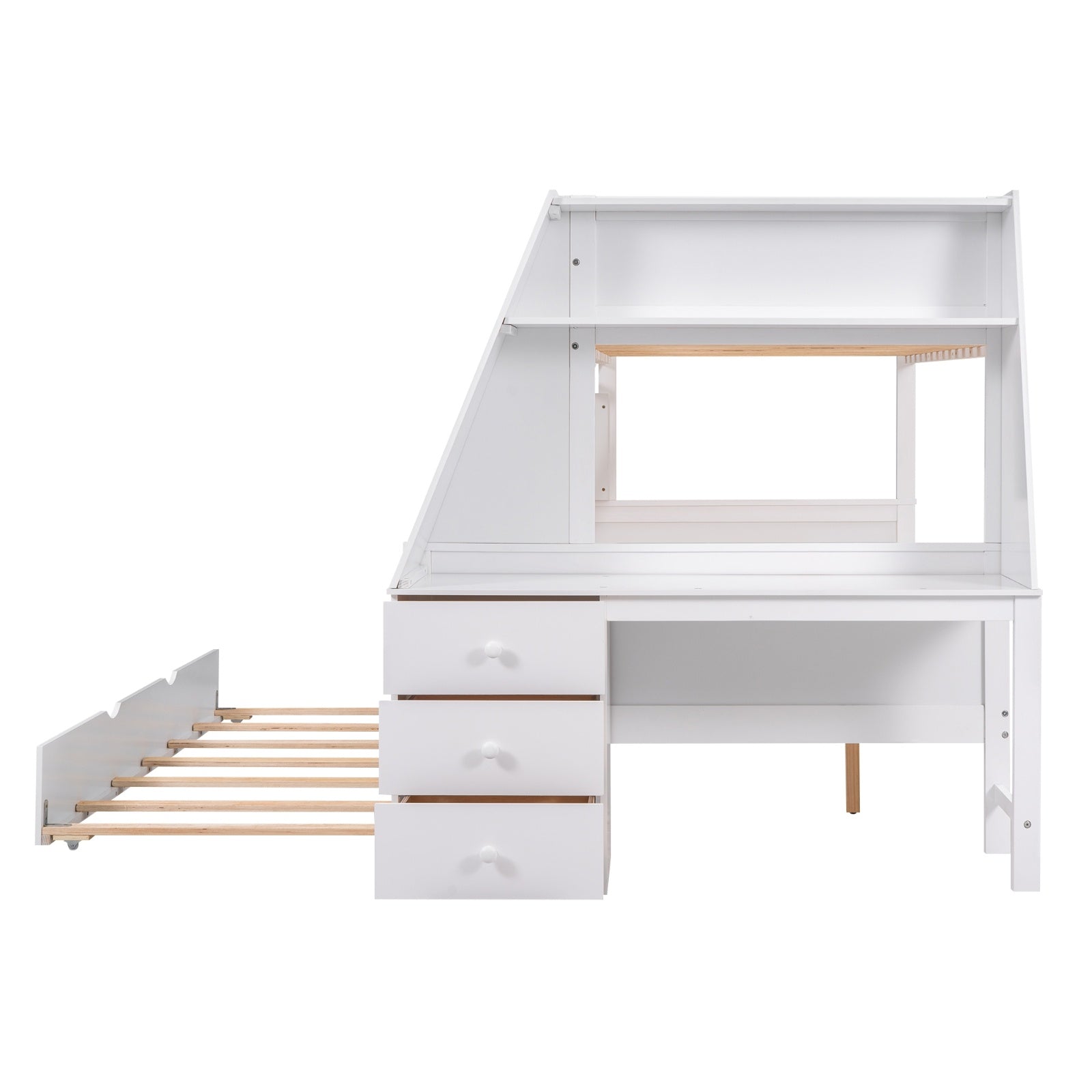 Twin Full Bunk Bed W  Trundle, Desk, 3 Drawers   Shelf - White