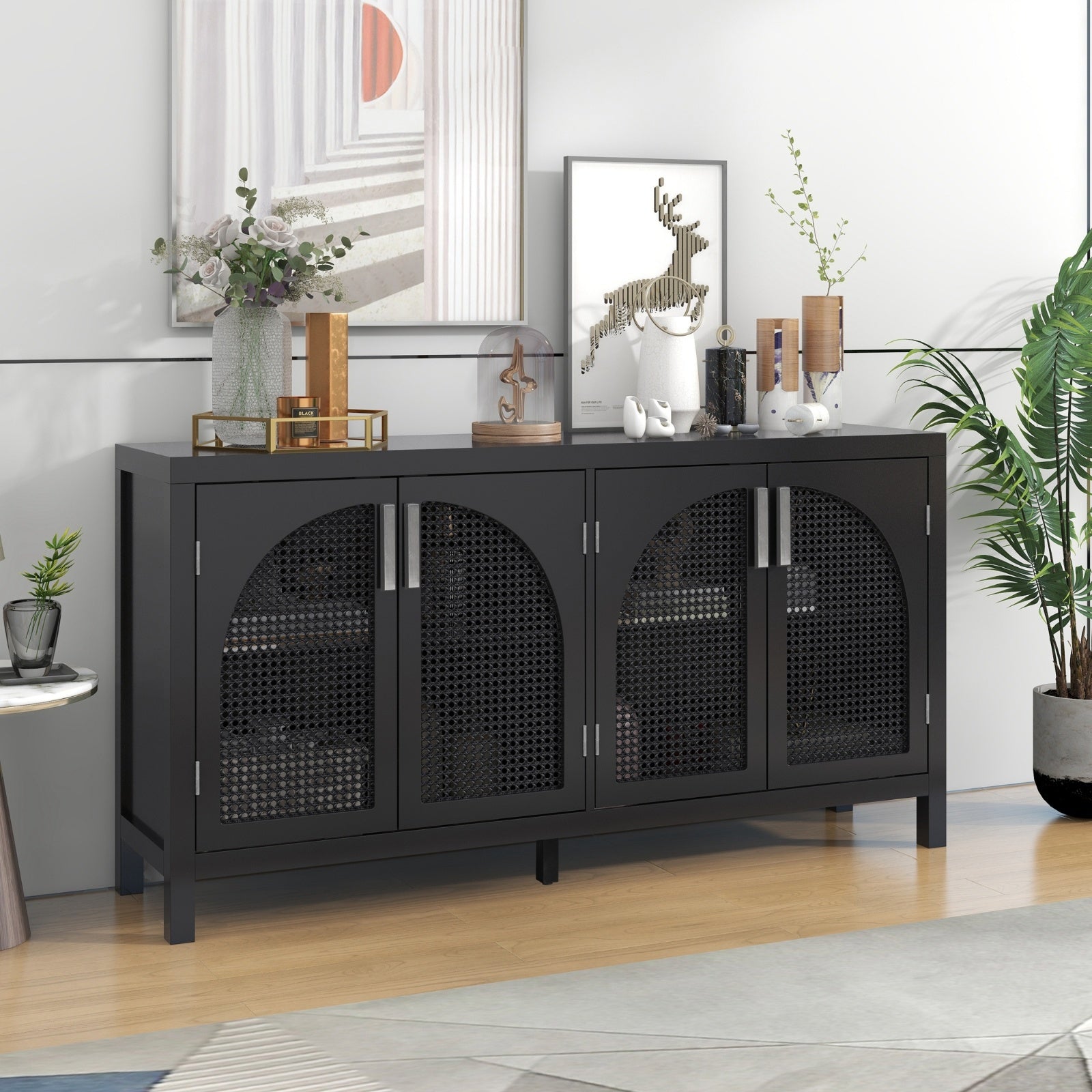 TREXM Sideboard With Rattan Door & Metal Handles For Living Room
