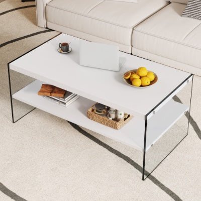 Double Rectangular Coffee Table. The Board Surface Is MDF, With White Stickers, And Both Sides Are Transparent Tempered Glass. Suitable For Living Room, Bedroom And Other Occasions