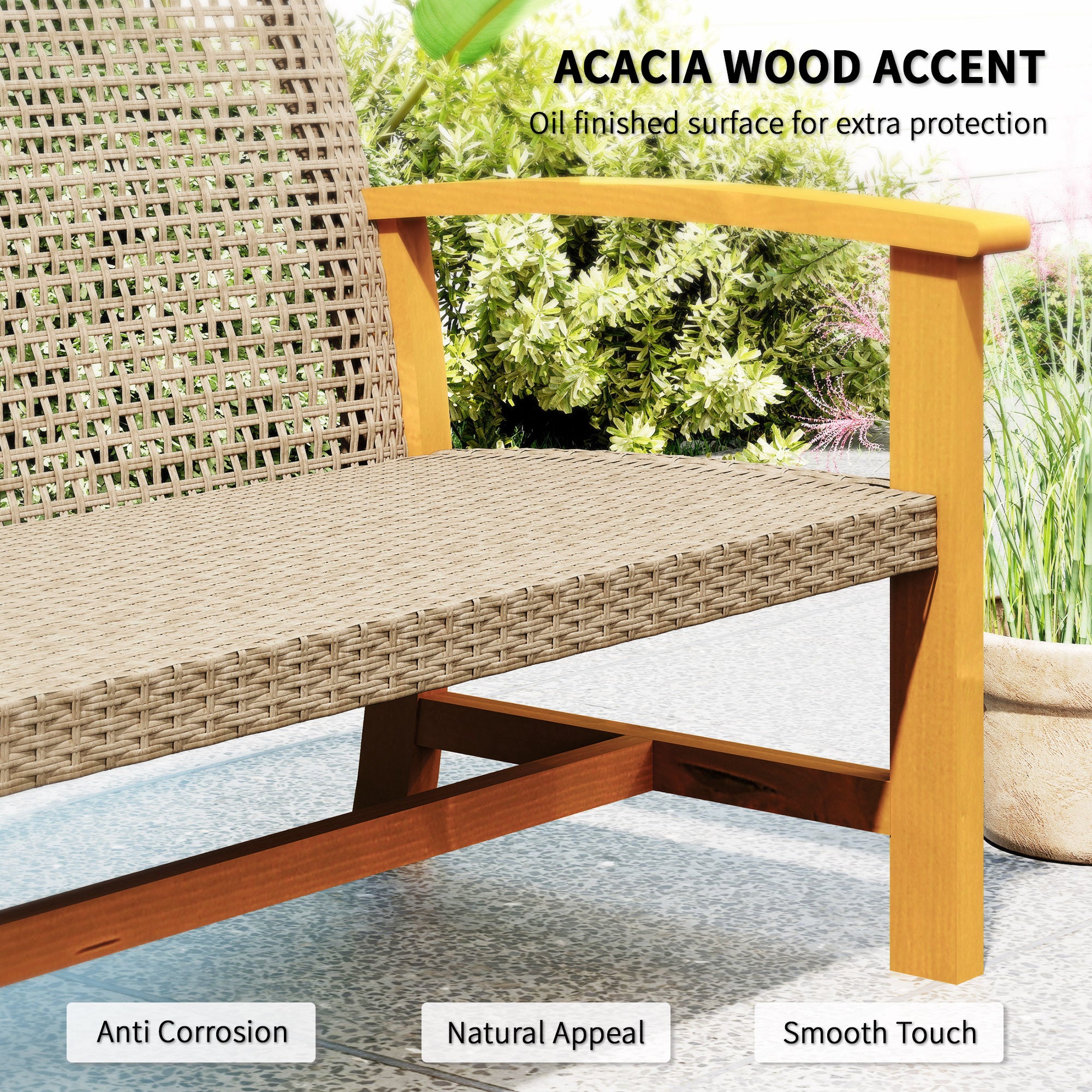 3-Seat Wicker Outdoor Couch Patio Sofa, Acacia Wood Patio Furniture With Steel Seat Armrests, Capacity, Teak