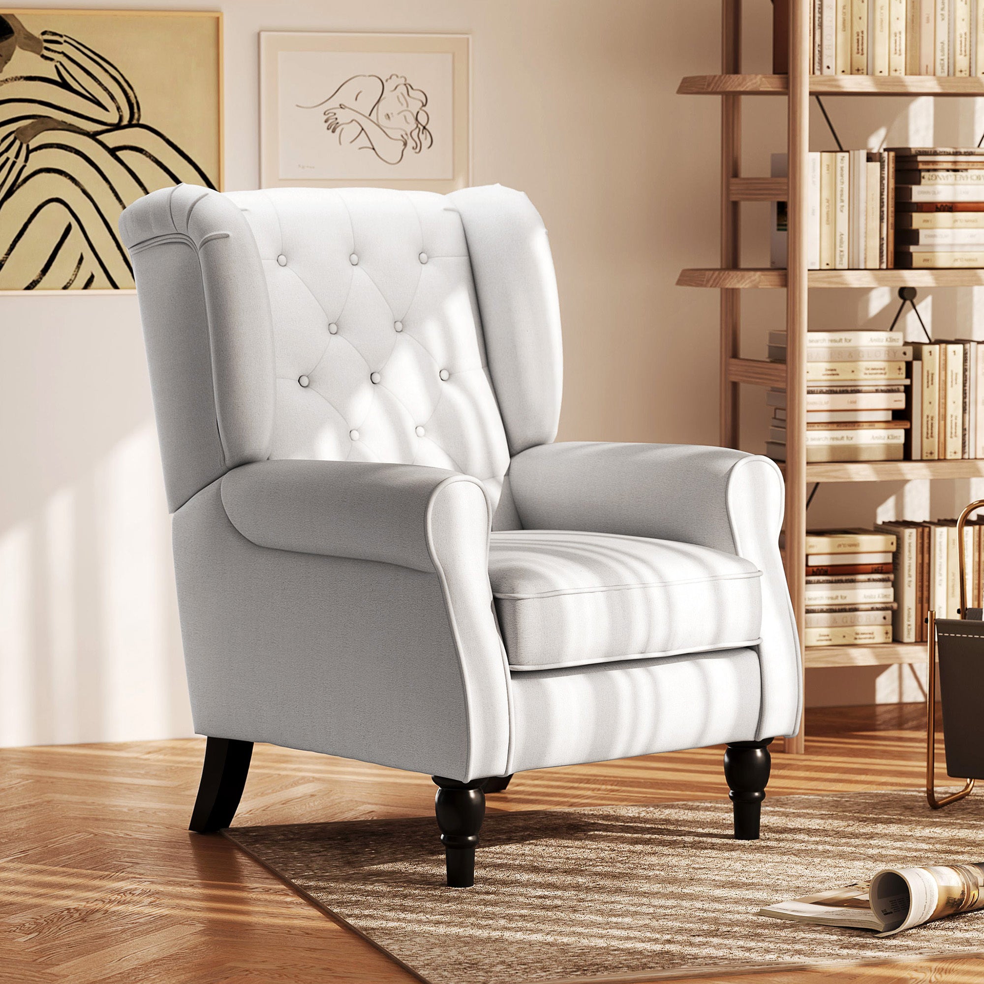 Cream White High Back Accent Chair With Wooden Legs, Removable Cushion For Living Room, Club, Bedroom