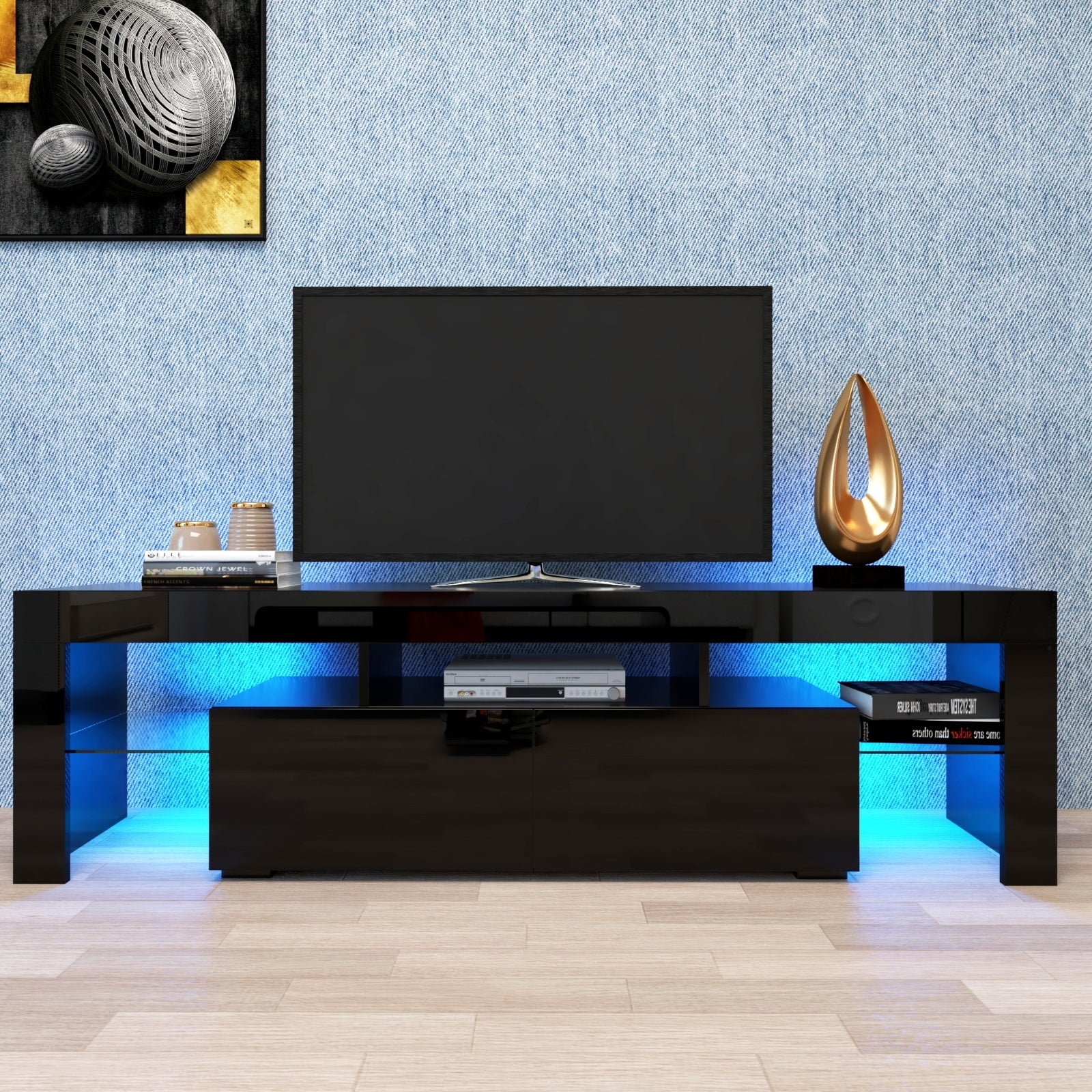 Modern Black TV Stand, 20 Colors LED TV Stand W Remote Control Lights