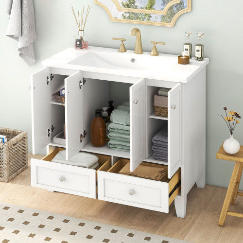36  Bathroom Vanity With Resin Sink Combo,Solid Wood Frame Bathroom Storage Cabinet, Freestanding Vanity Set With 4 Soft Closing Doors 2 Drawers