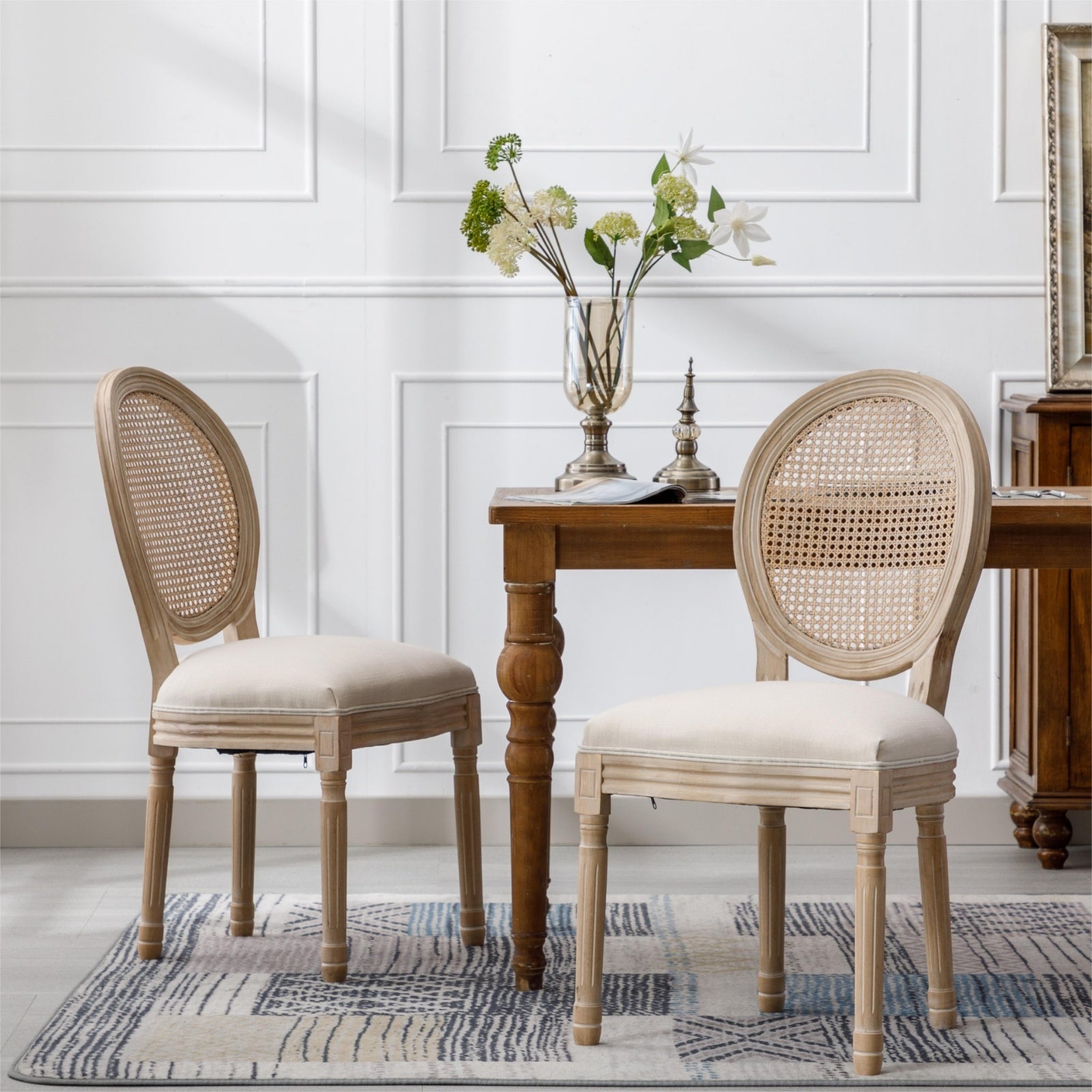 French Style Solid Wood Antique Linen & Rattan Dining Chair, Set Of 2, Cream