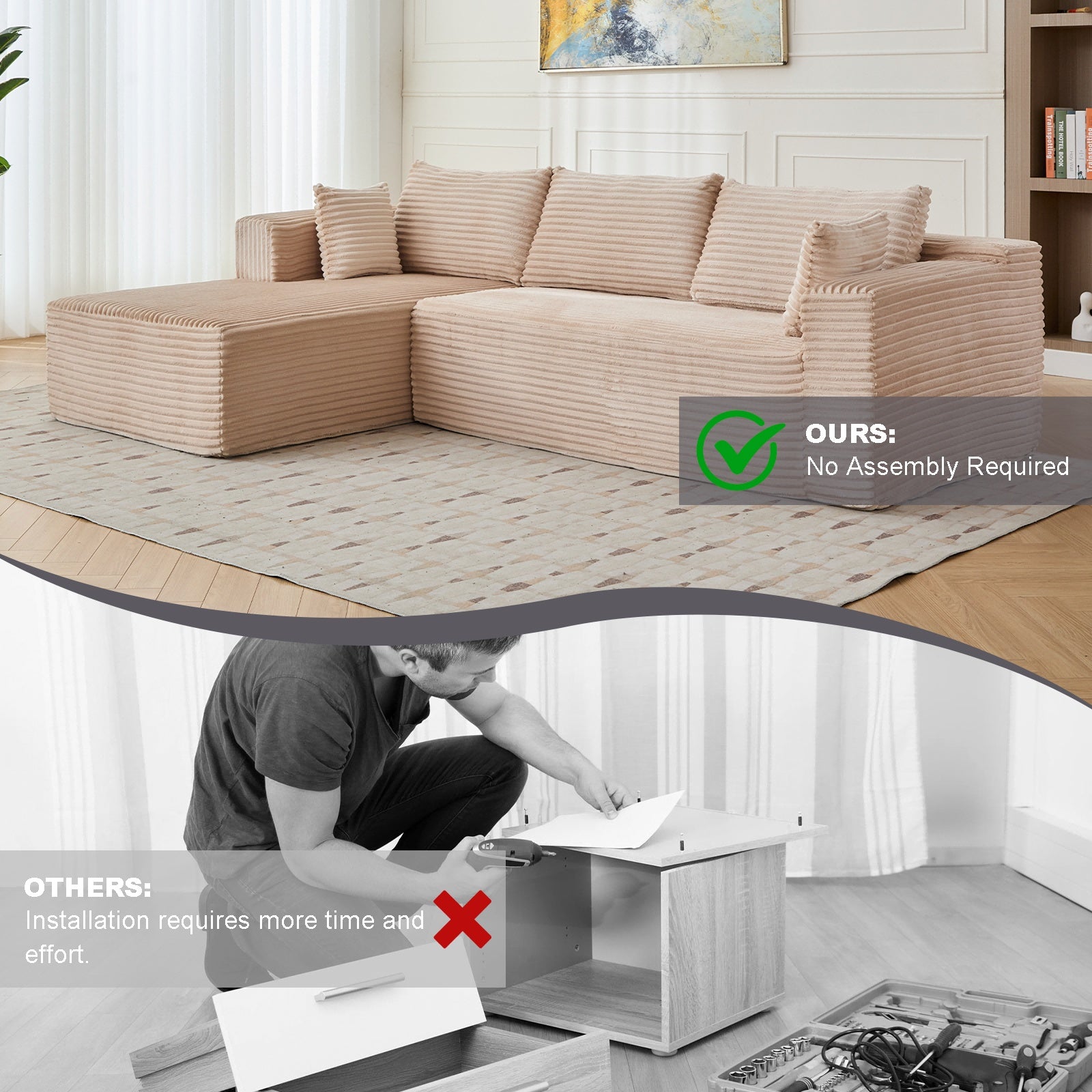 L-Shaped Compression Sofa Bed, Convertible Sectional Sofa With Pillow Back Support - Foldable Floor Couch Lounger, Corduroy Fabric Futon Sleeper For Living Room, Bedroom, Game Room