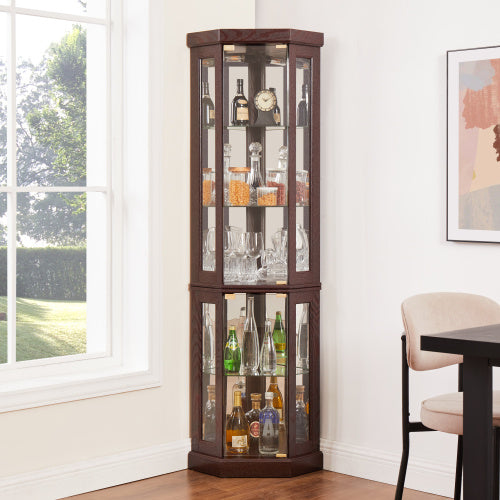 Corner Glass Cabinet Lighted Curio Cabinet Corner Display Case For Living Room, Curio Cabinet, Antique Collection, Wine,Bar Glass Storage Light Included,Dark Cherry